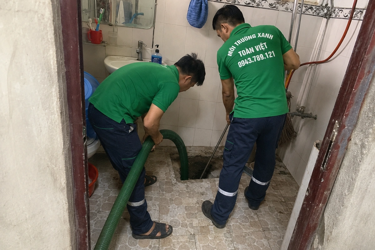 Hai nhân viên đưa ống hút vào miệng hầm trong nhà vệ sinh của nhà dân