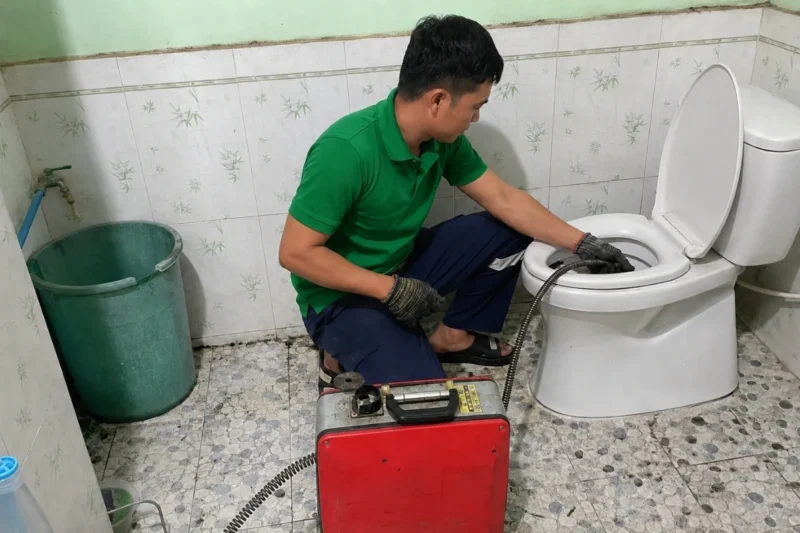 Thông bồn cầu Thới Lai giá rẻ uy tín | Toàn Việt 11 Kỹ thuật viên đưa dây lò xo vào bồn cầu bên máy thông tắc màu đỏ