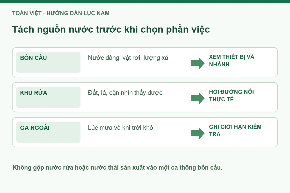 Sơ đồ tách nguồn nước khi khảo sát thông tắc bồn cầu tại Lục Nam.