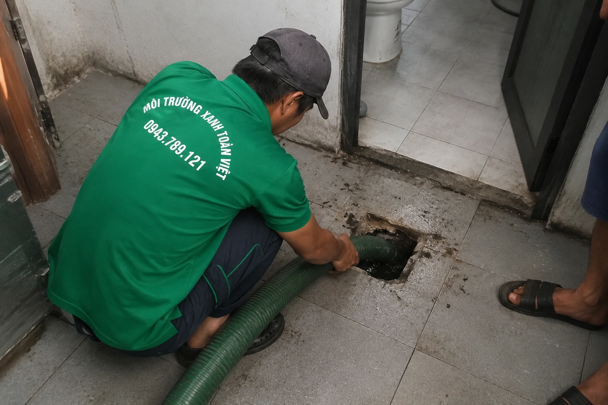 Kỹ thuật viên đưa ống hút vào miệng hầm cầu trong nhà vệ sinh nhà dân