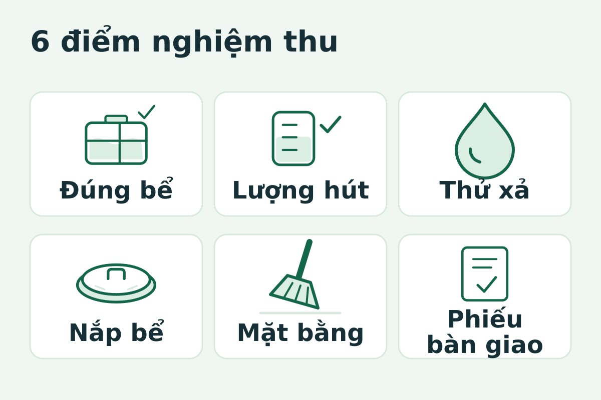 Sáu điểm nghiệm thu gồm đúng bể, lượng hút, thử xả, nắp bể, mặt bằng và phiếu bàn giao