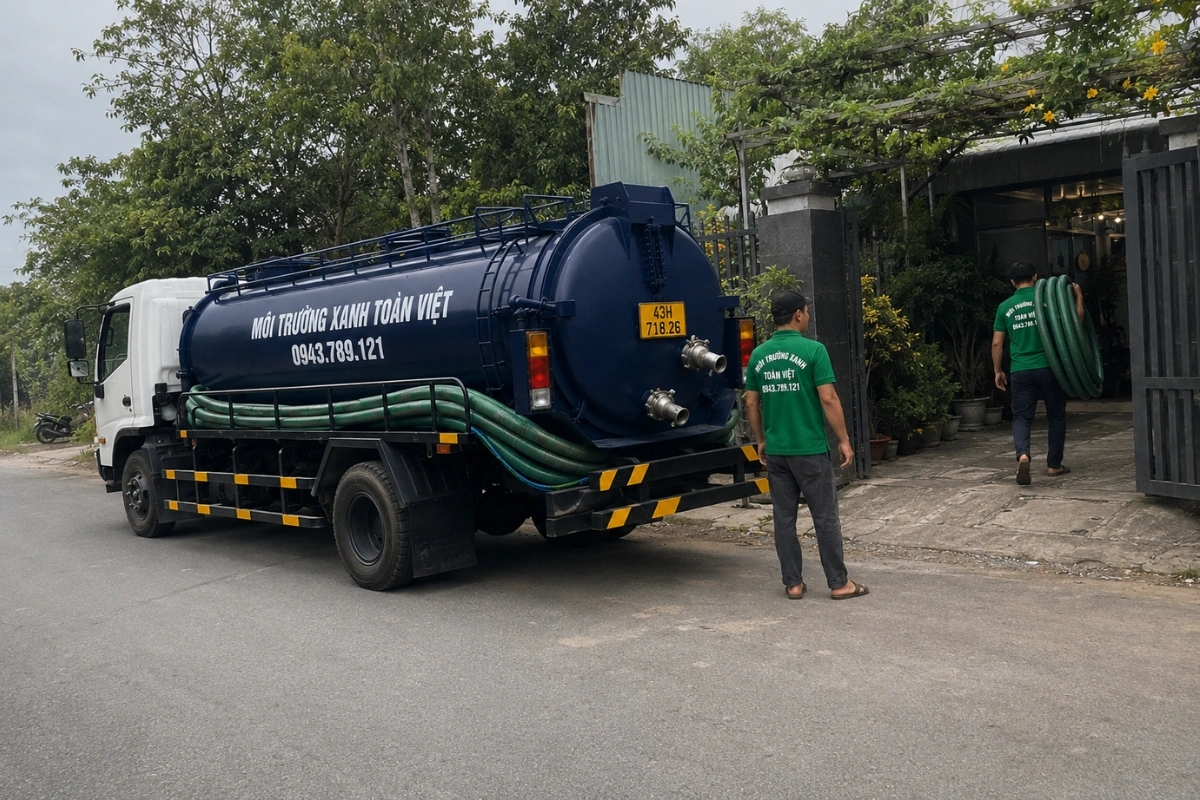 Nhân viên vác cuộn ống hút từ xe bồn vào nhà khách hàng tại Đà Nẵng