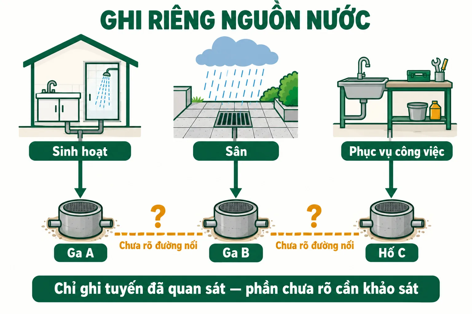 Thông cống nghẹt Ninh Phước giá rẻ uy tín | Toàn Việt 13 Sơ đồ tách ba nguồn nước sinh hoạt, sân và khu phục vụ công việc; tuyến chưa xác nhận được đánh dấu hỏi