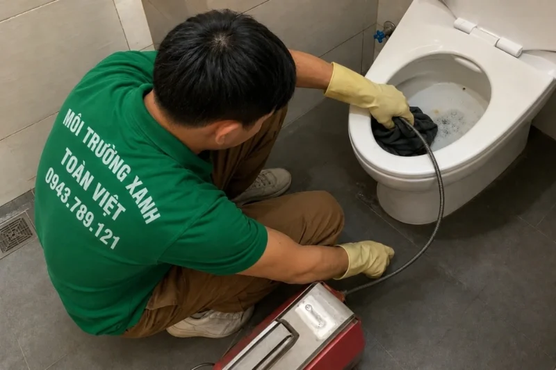 Nh&acirc;n vi&ecirc;n đeo găng v&agrave;ng thao t&aacute;c tại miệng bồn cầu c&oacute; vải che