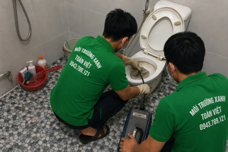 Hai nh&acirc;n vi&ecirc;n phối hợp m&aacute;y v&agrave; d&acirc;y th&ocirc;ng ở bồn cầu