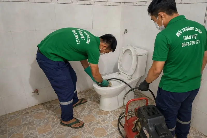 Đội thợ bố trí máy và dây thông bên bồn cầu