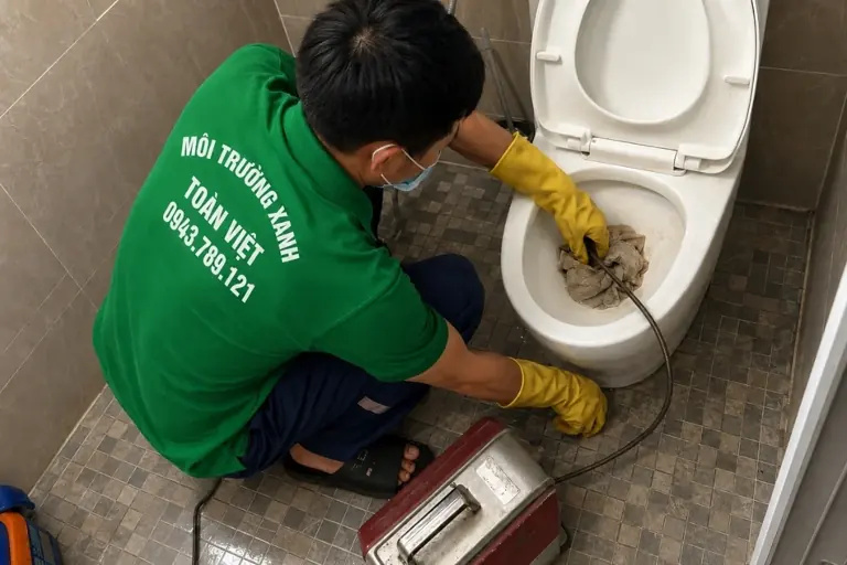 Kỹ thuật viên Toàn Việt dùng dây máy xử lý đường thoát bồn cầu