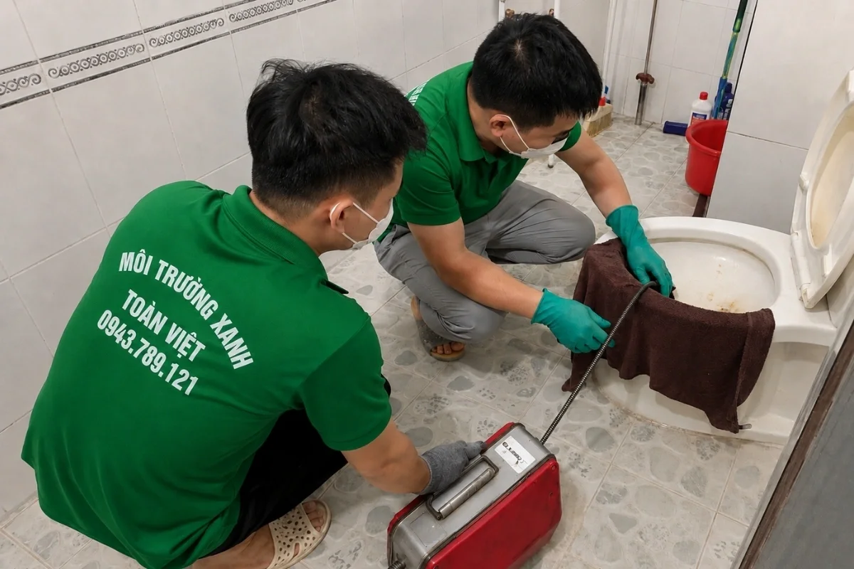 Kỹ thuật vi&ecirc;n To&agrave;n Việt kiểm tra đường tho&aacute;t bồn cầu.