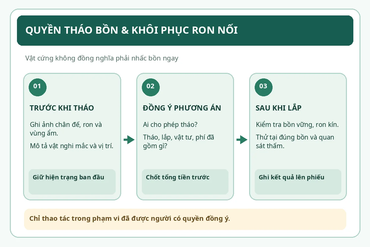 Thông bồn cầu Thanh Khê giá rẻ uy tín | Toàn Việt 5 Sơ đồ điều kiện trước khi tháo bồn cầu và kiểm tra kín nước sau lắp