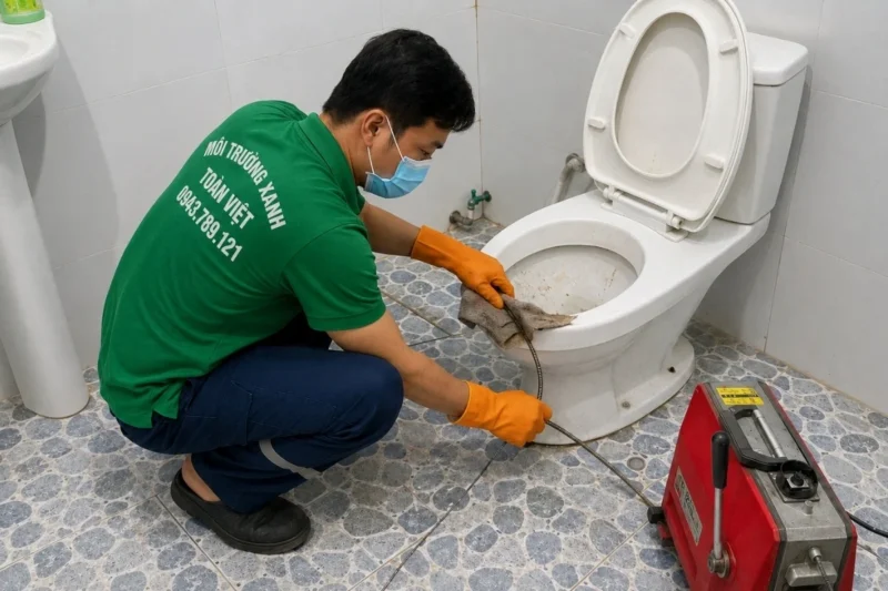 Thông bồn cầu Thới Lai giá rẻ uy tín | Toàn Việt 12 Hình ảnh thông bồn cầu Thới Lai: kỹ thuật viên đeo găng điều khiển dây lò xo