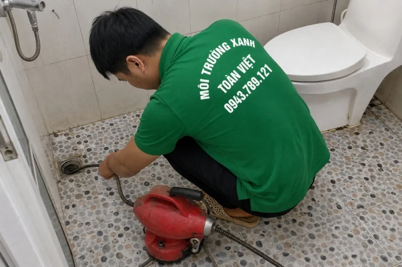 Nhân viên kiểm tra điểm thoát sàn trong phòng tắm