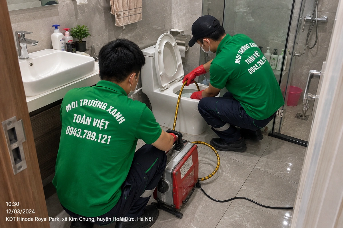 Hai kỹ thuật viên thao tác ống dẫn tại bồn cầu trong hồ sơ Hinode Royal Park, Hoài Đức.