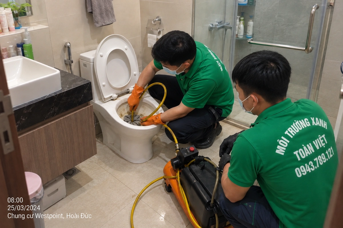 Hai kỹ thuật viên thao tác ống dẫn tại bồn cầu theo ảnh nguồn ghi chung cư Westpoint, Hoài Đức.