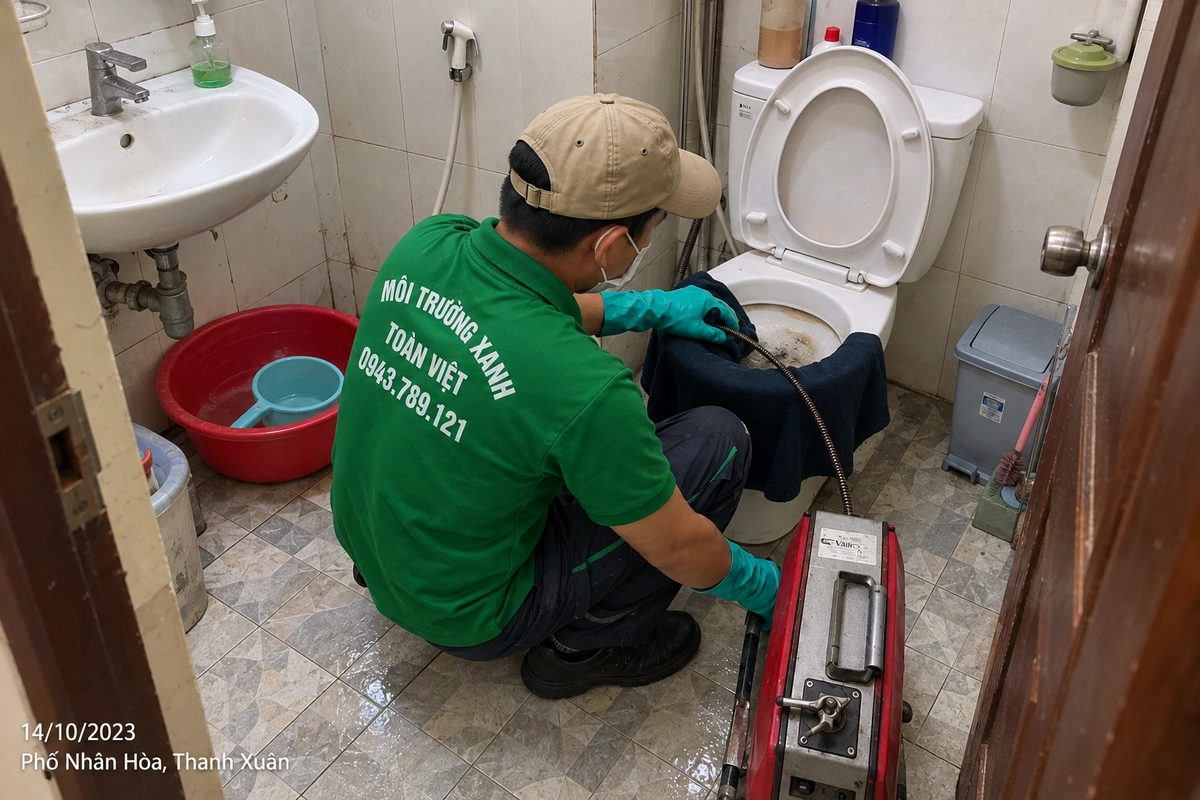 Kỹ thuật viên đưa dây máy vào bồn cầu tại Nhân Hòa, Thanh Xuân.
