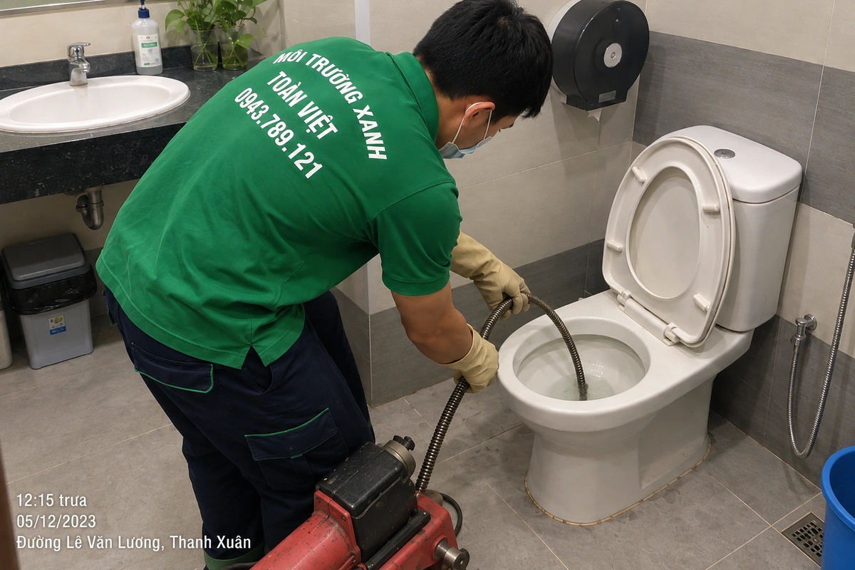 Kỹ thuật viên đưa dây máy vào bồn cầu trong hồ sơ Lê Văn Lương, Thanh Xuân.