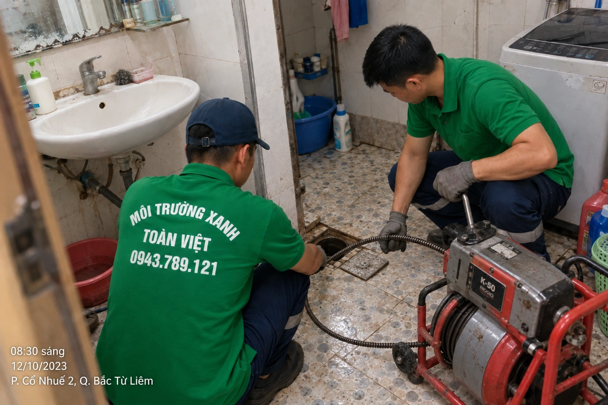 Hai nhân viên đưa dây lò xo vào cửa thoát dưới nền khu vệ sinh tại Cổ Nhuế 2, Bắc Từ Liêm