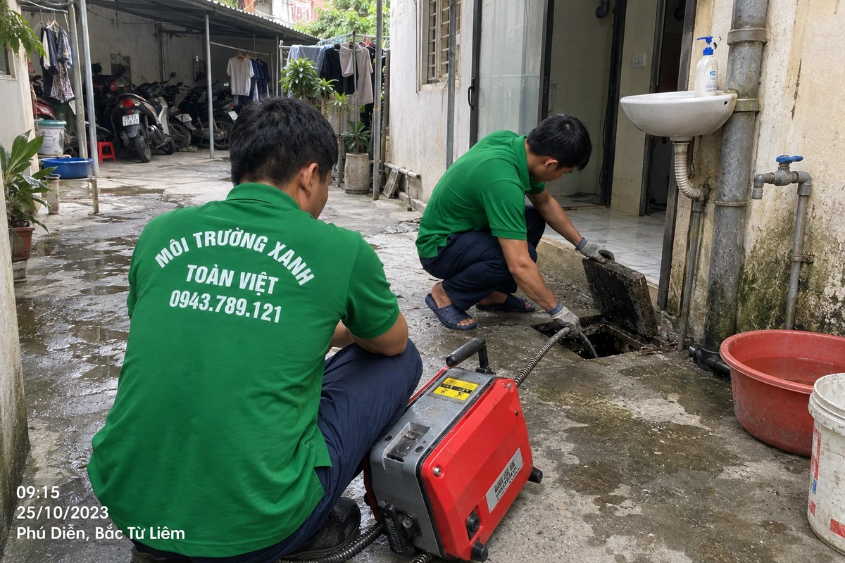 Hai nhân viên dùng máy lò xo tại hố ga trước khu vệ sinh dãy trọ ở Phú Diễn, Bắc Từ Liêm
