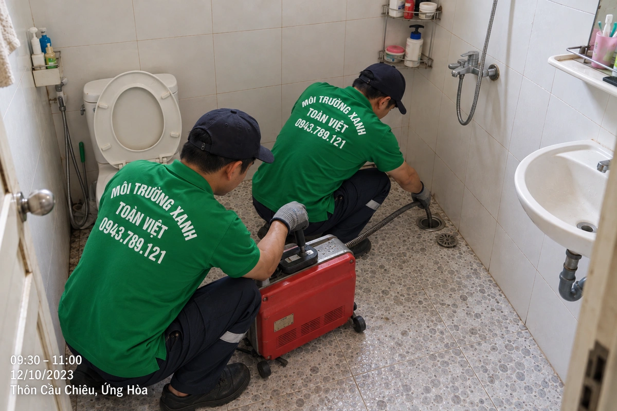 Thông tắc thoát sàn tại Hòa Xá, Ứng Hòa Hai nhân viên dùng máy lò xo tại phễu thoát sàn khu vệ sinh ở Cầu Chiêu, Hòa Xá, Ứng Hòa