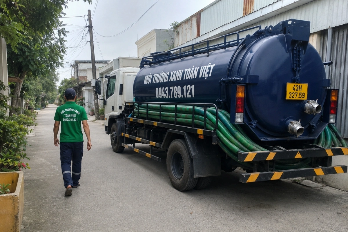 Hút Hầm Cầu Sơn Trà Đà Nẵng 24/7 | Tính Báo Giá Theo Khối 12 Xe bồn hút hầm cầu đỗ trên đường nội bộ khu dân cư tại Đà Nẵng