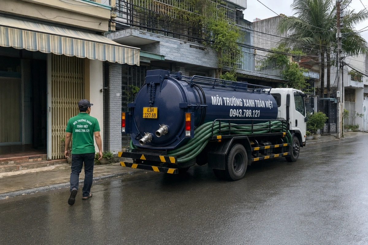 Xe bồn hút hầm cầu đỗ trên đường phố trước dãy nhà dân tại Đà Nẵng