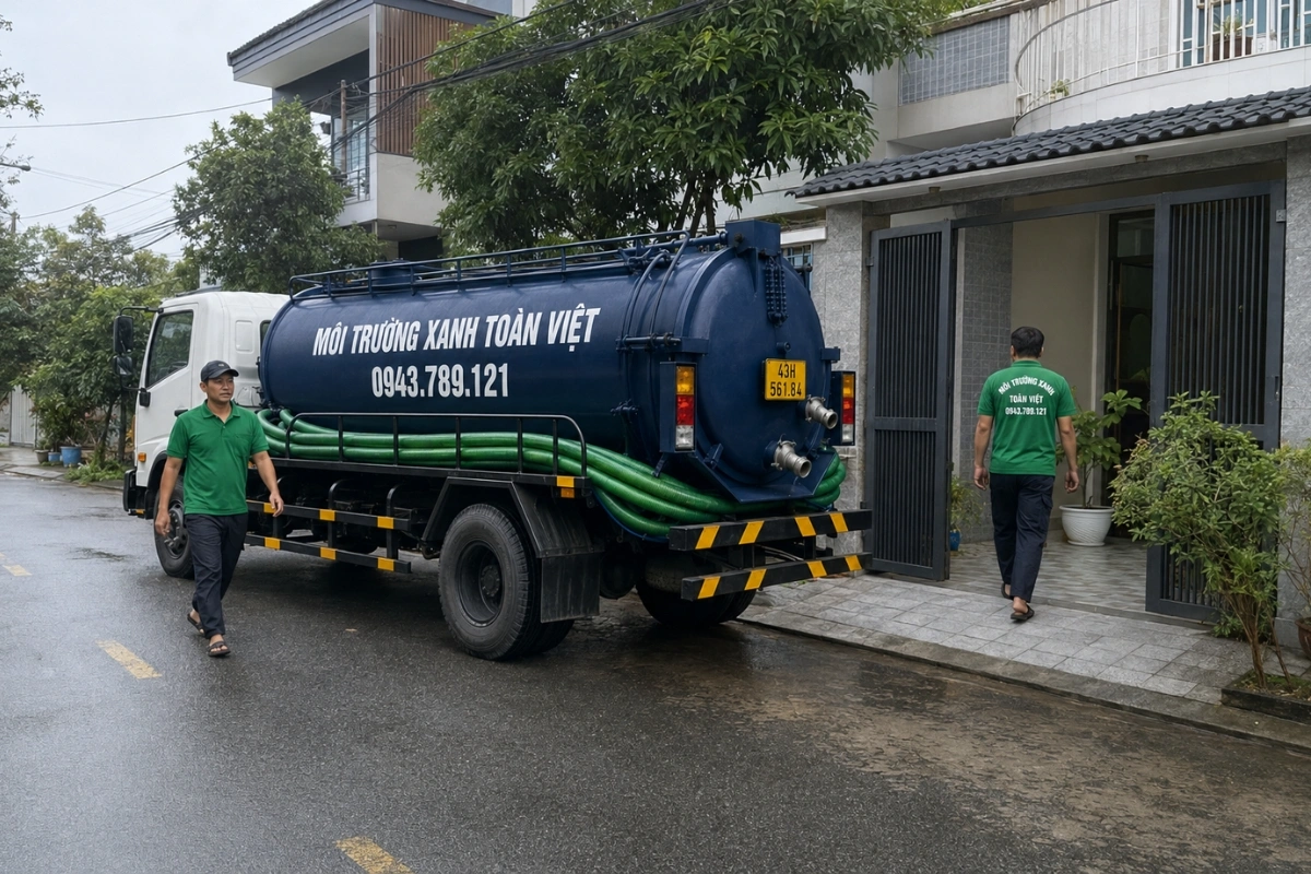 Xe hút hầm cầu Môi Trường Xanh Toàn Việt đỗ trước nhà dân tại Đà Nẵng