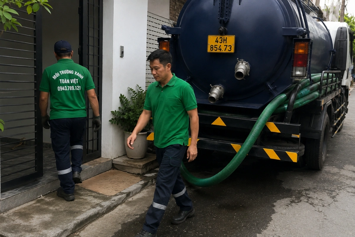 Xe hút hầm cầu Môi Trường Xanh Toàn Việt đỗ trước nhà phố tại Đà Nẵng