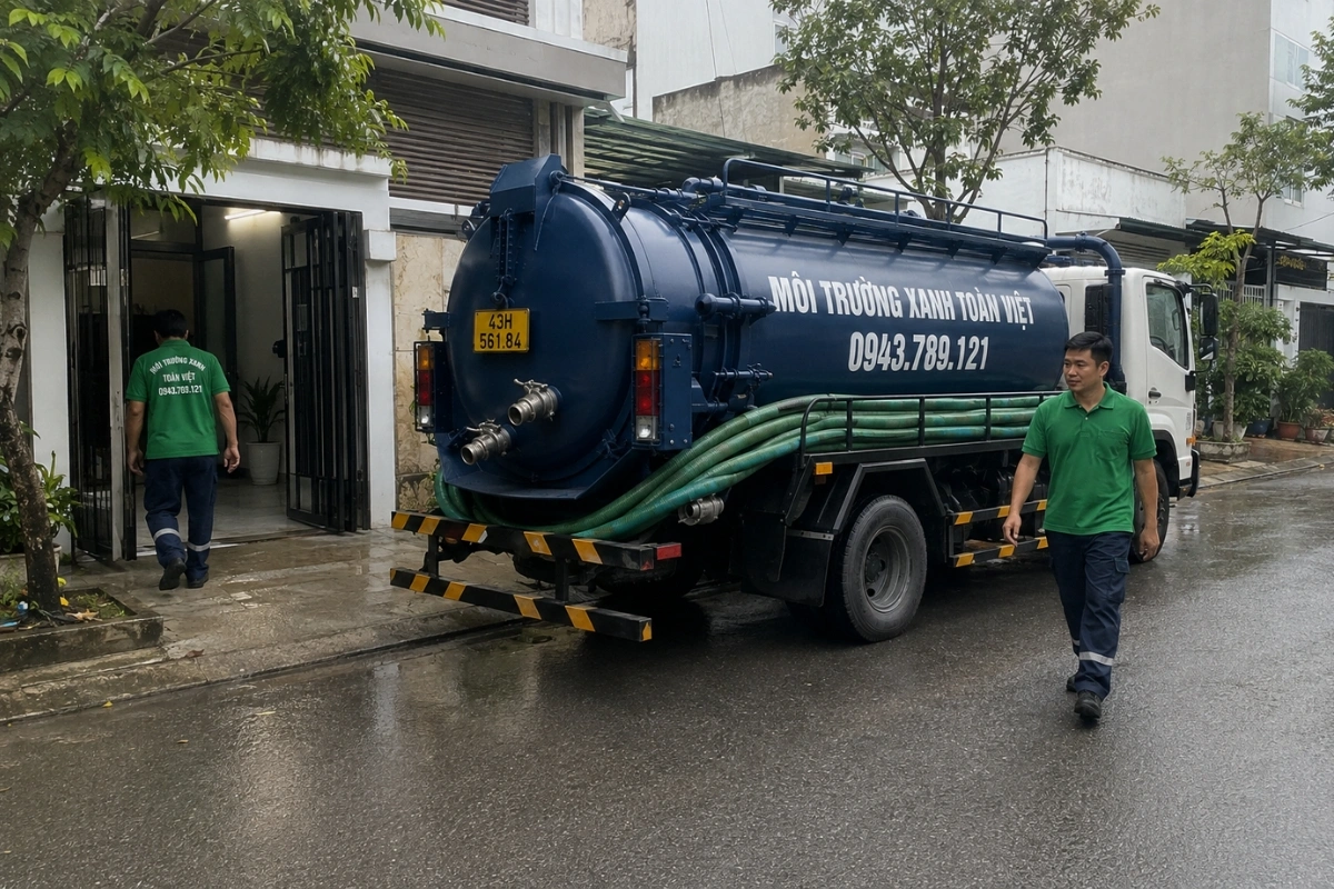 Xe hút hầm cầu Môi Trường Xanh Toàn Việt đỗ trước dãy nhà phố liền kề tại Đà Nẵng