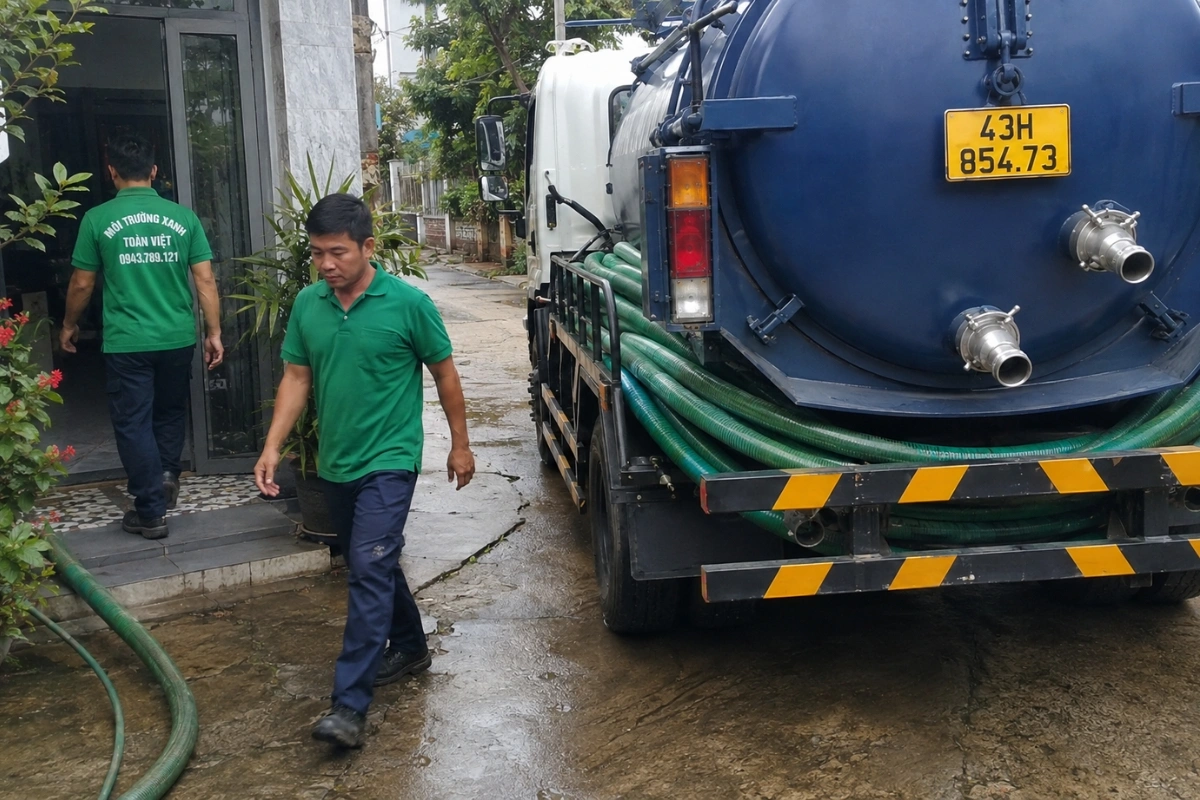 Xe hút hầm cầu đỗ sát nhà dân trong hẻm nhỏ tại Đà Nẵng