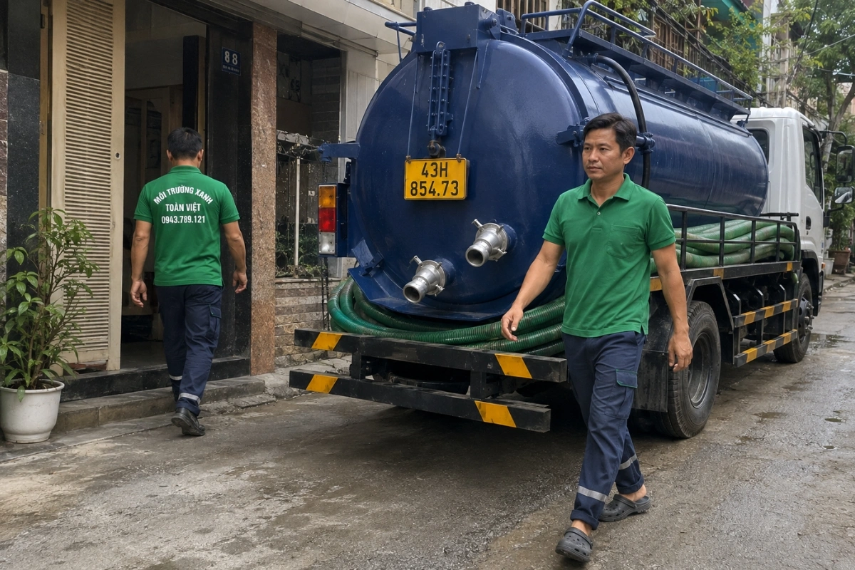 Xe hút hầm cầu đỗ trong kiệt nhỏ trước nhà dân tại Đà Nẵng