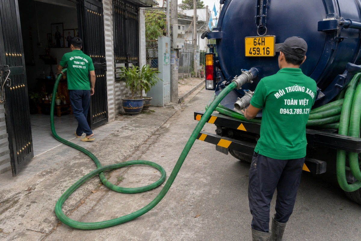 Xe hút hầm cầu màu xanh cùng đội ngũ kỹ thuật