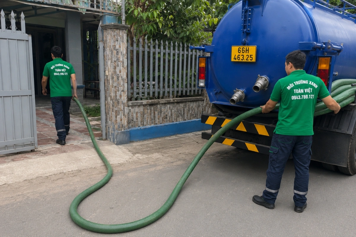 Xe bồn hút hầm cầu đậu trước nhà khách hàng