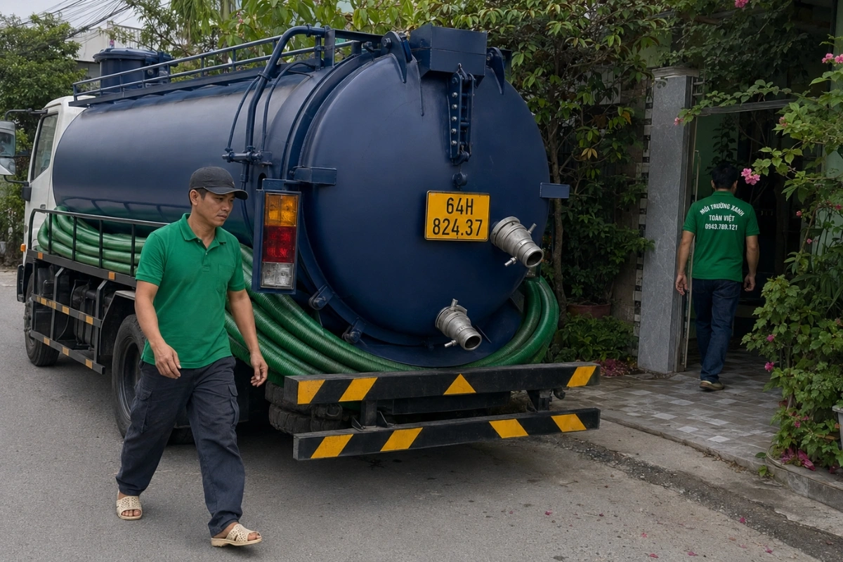 Đội xe hút hầm cầu phục vụ khách hàng tận nhà