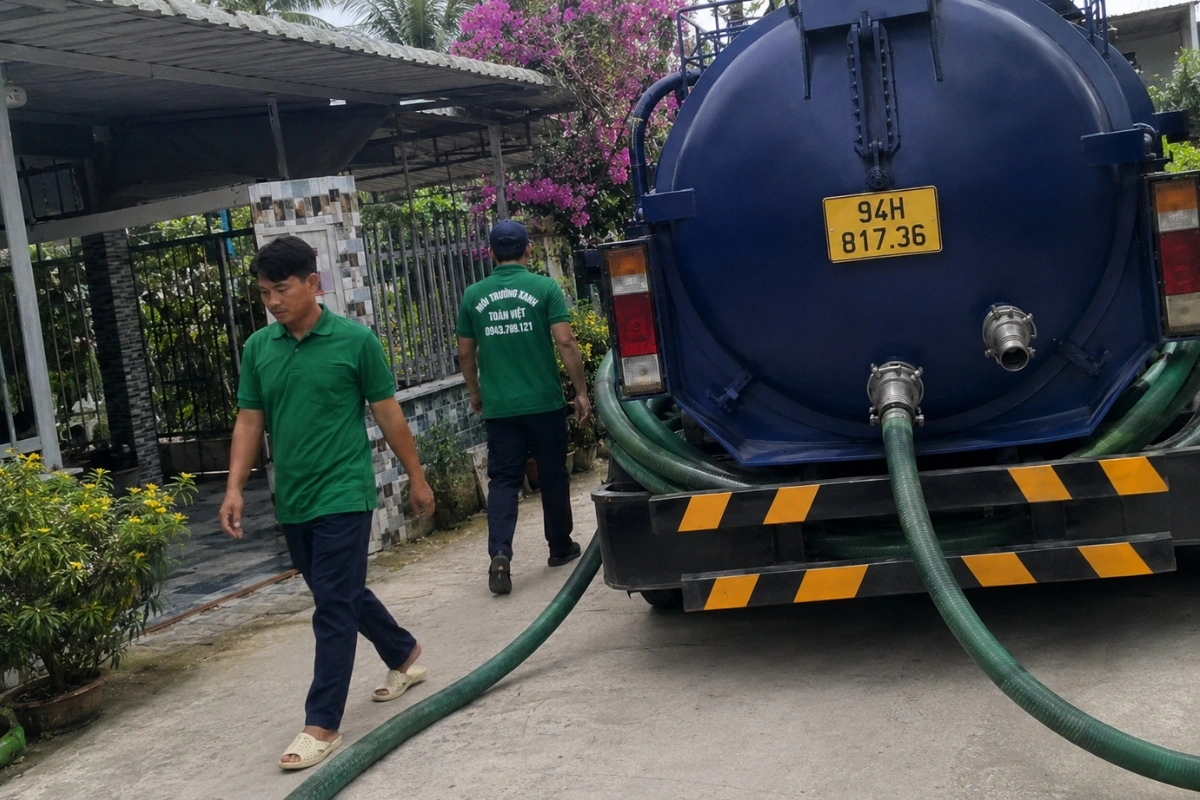 Đội ngũ hút hầm cầu Môi Trường Xanh Toàn Việt đang làm việc