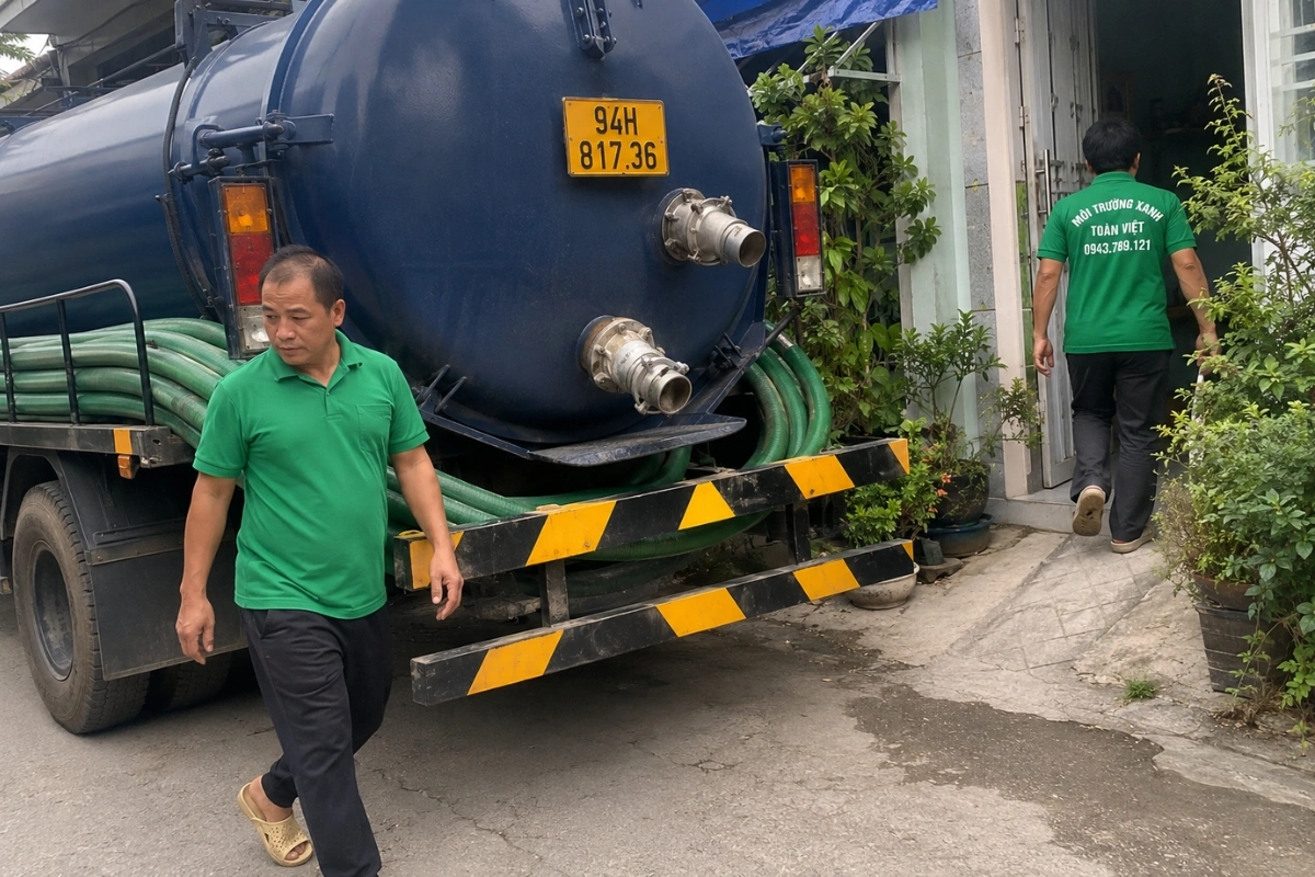 Nhân viên kiểm tra vị trí hút hầm cầu tại nhà dân