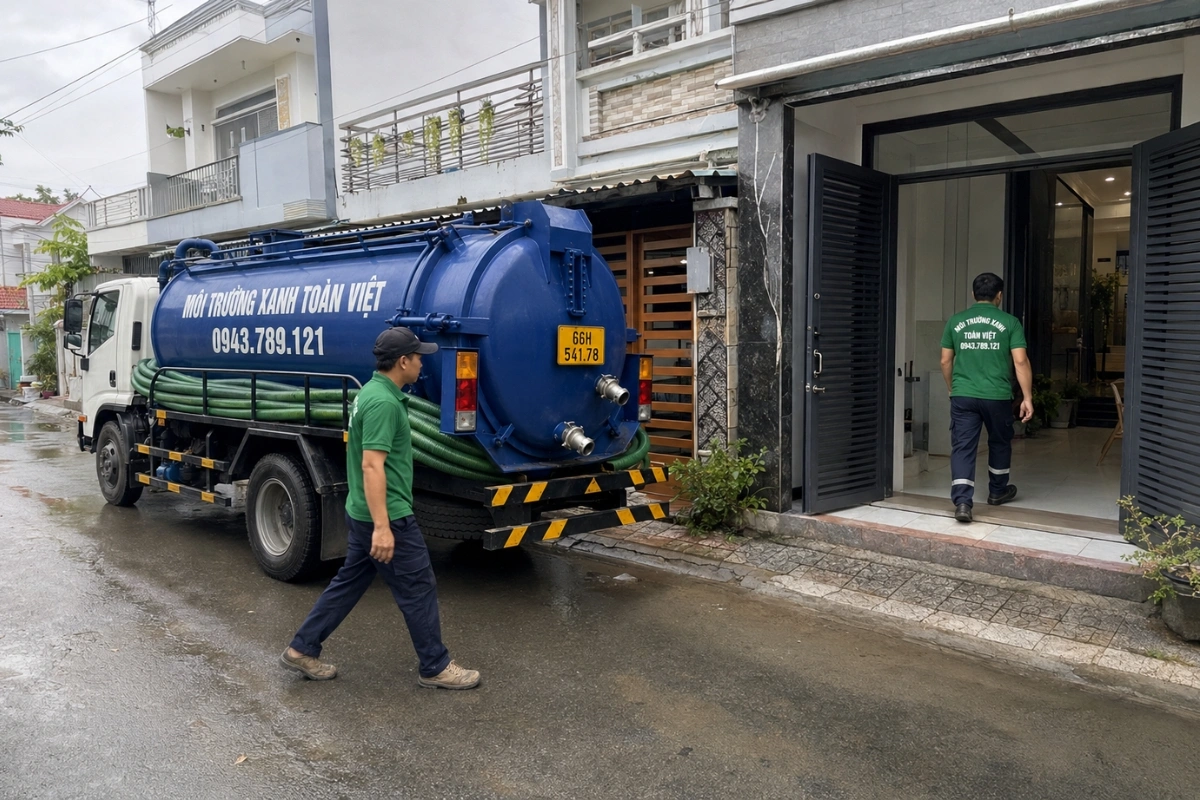 Nhân viên kiểm tra vị trí hút hầm cầu tại nhà dân