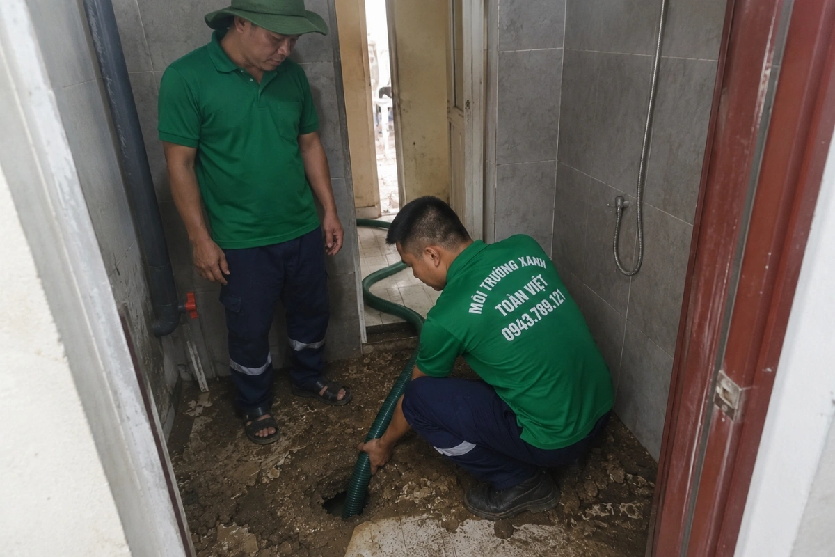 Nhân viên môi trường đang đưa ống hút vào trong nhà