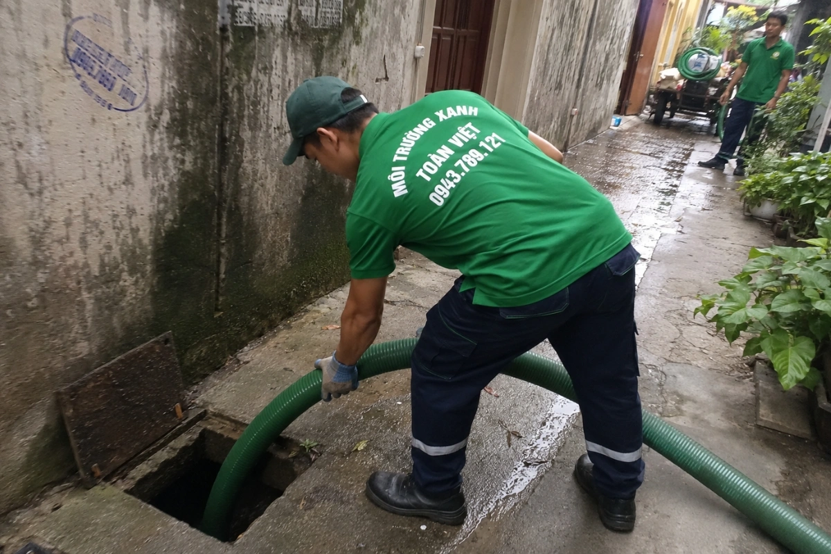 Thợ hút hầm cầu kéo ống xanh vào nhà khách hàng