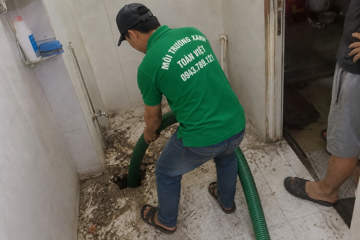 Hút Hầm Cầu Tân Phú Đông | Toàn Việt Qua Cù Lao Xử Lý Tận Nhà 8 Nhân viên hút hầm cầu làm việc tại nhà khách hàng