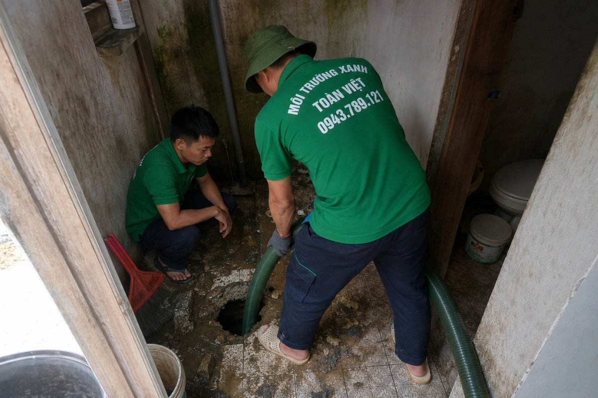 Hút Hầm Cầu Cao Lãnh 24/7, Đo Khối Báo Giá Tại Nhà 8 Nhân viên đang triển khai đường ống hút hầm cầu