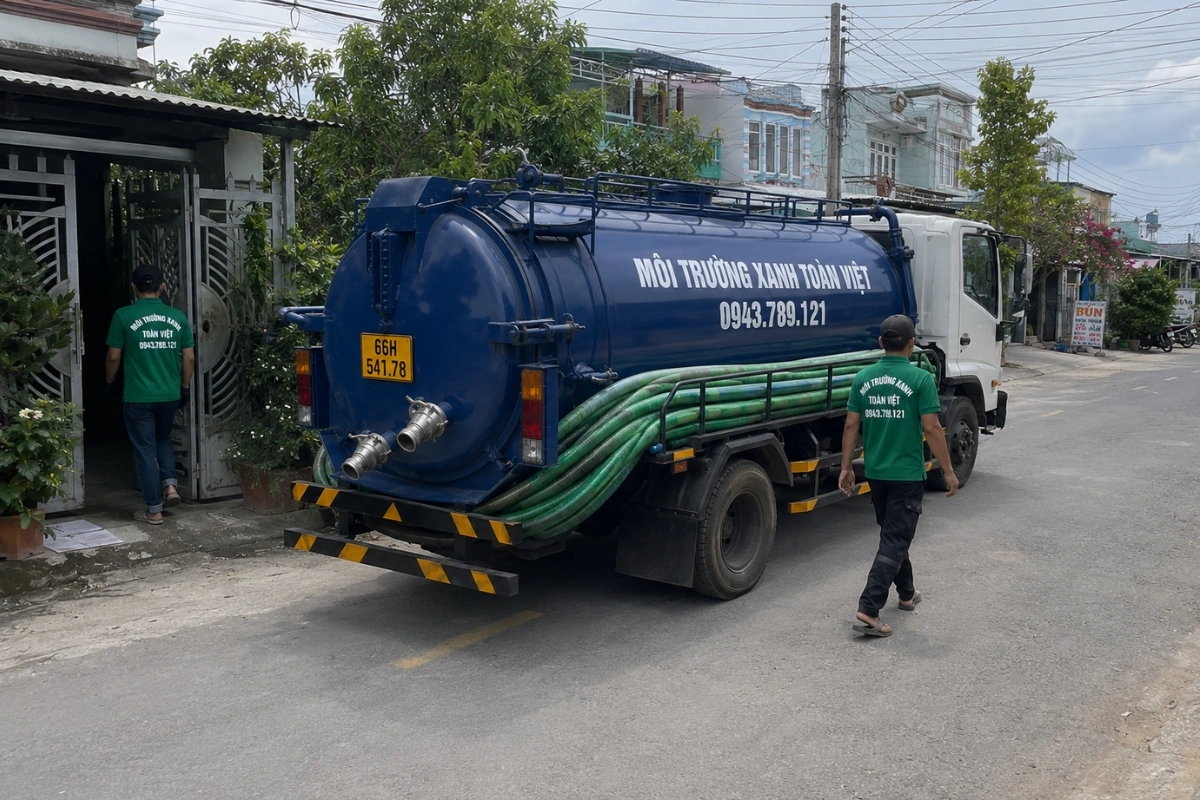 Hút Hầm Cầu Cao Lãnh 24/7, Đo Khối Báo Giá Tại Nhà 11 Xe hút hầm cầu và nhân viên đang chuẩn bị thi công