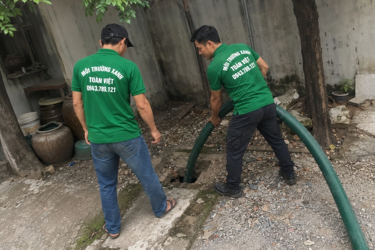 Hút Hầm Cầu Cà Mau – Xe Phục Vụ Tận Nơi, Không Đục Phá 8 Nhân viên hút hầm cầu làm việc tại nhà khách hàng