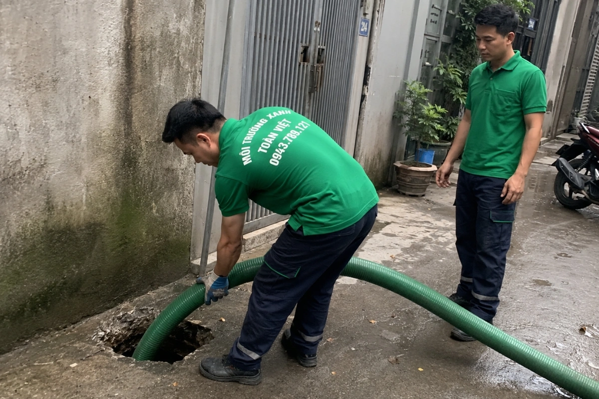 Hút Hầm Cầu Vĩnh Long: Khảo Sát Nhà Ở, Quán Ăn Và Nhà Xưởng 10 Nhân viên dịch vụ vệ sinh kéo ống hút vào nhà