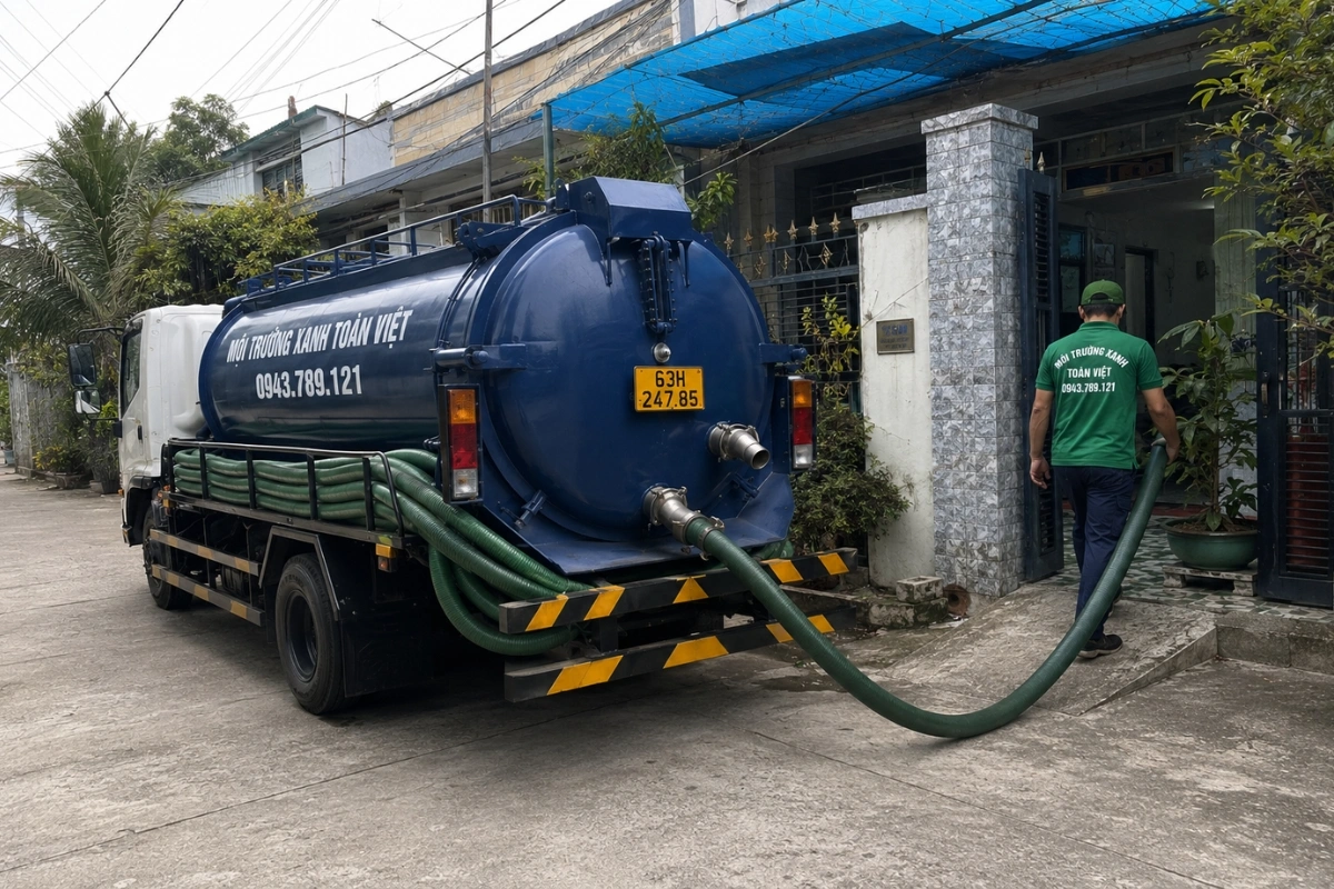 Hút Hầm Cầu Gò Công | Môi Trường Xanh Hút Sạch Không Tái Mùi 7 Xe hút chất thải chuyên dụng đậu bên đường dân cư