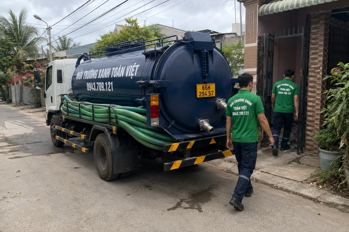 Hút Hầm Cầu Cao Lãnh 24/7, Đo Khối Báo Giá Tại Nhà 12 Xe hút hầm cầu màu xanh cùng đội ngũ kỹ thuật