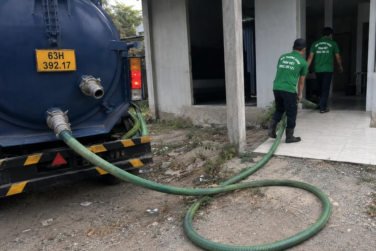 Nhân viên triển khai dịch vụ hút hầm cầu tại nhà dân