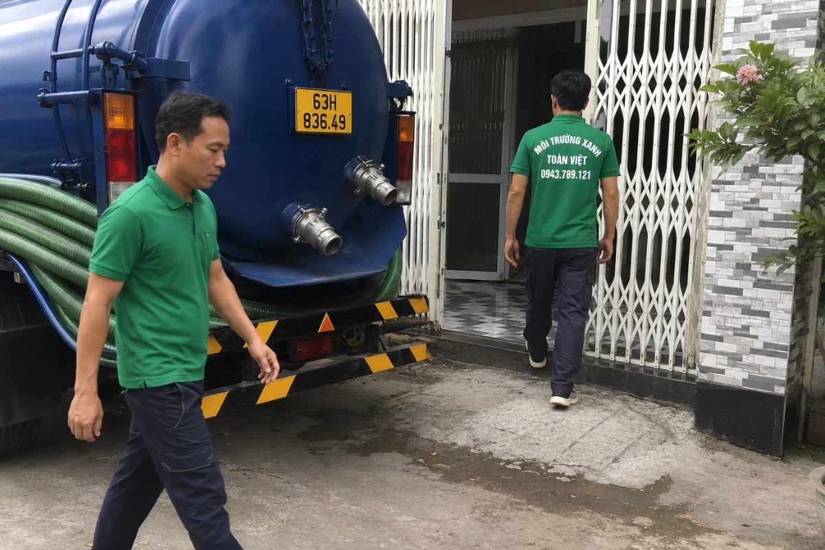 Xe hút hầm cầu màu xanh cùng đội ngũ kỹ thuật