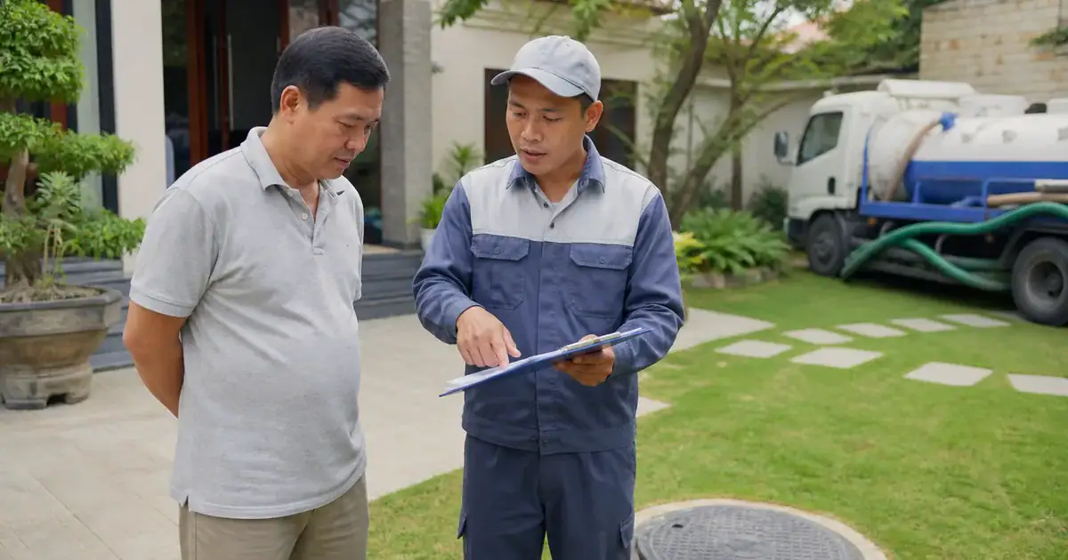 Kỹ thuật viên tư vấn lịch hút hầm cầu định kỳ cho gia đình
