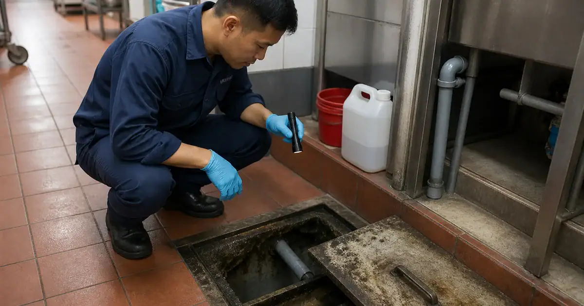Kỹ thuật viên khảo sát hầm cầu và bẫy mỡ tại nhà hàng