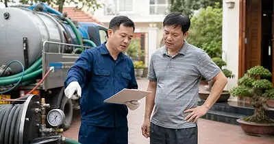 Khách hàng kiểm tra báo giá và thiết bị hút hầm cầu trước thi công