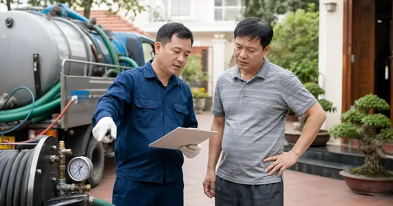 Khách hàng kiểm tra báo giá và thiết bị hút hầm cầu trước thi công